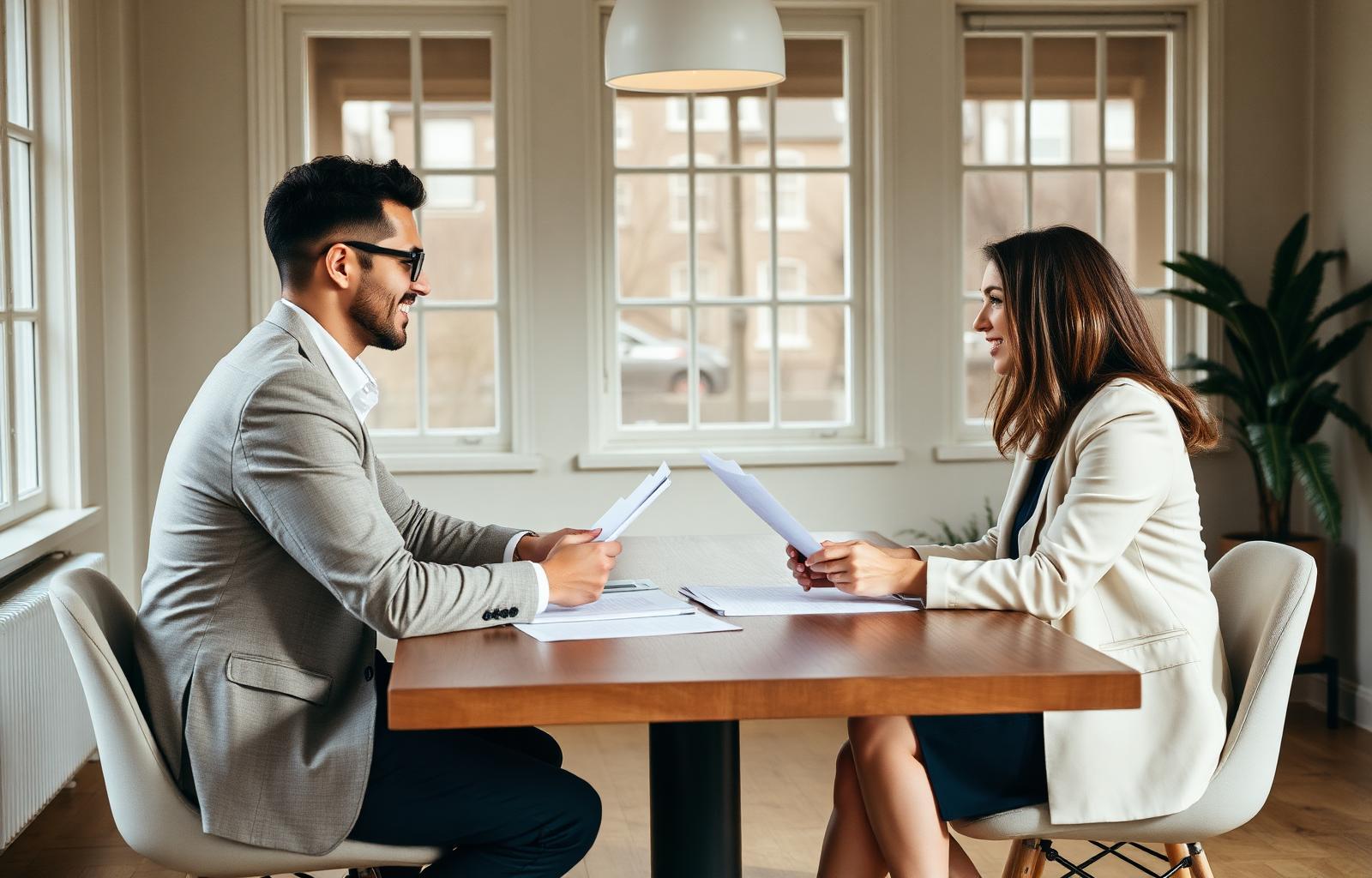 A business owner meeting with her advisor across a sunlit conference table