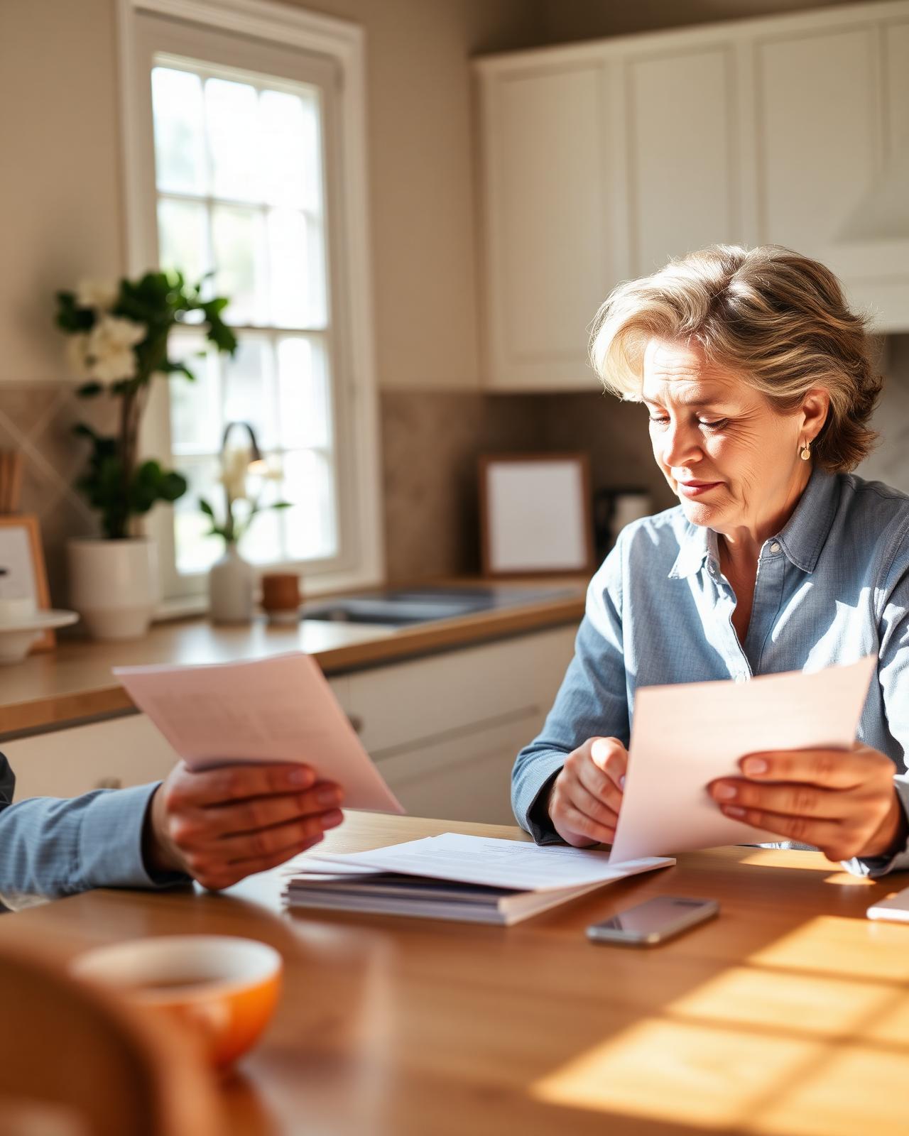 A married couple reviewing estate planning paperwork together at their kitchen table