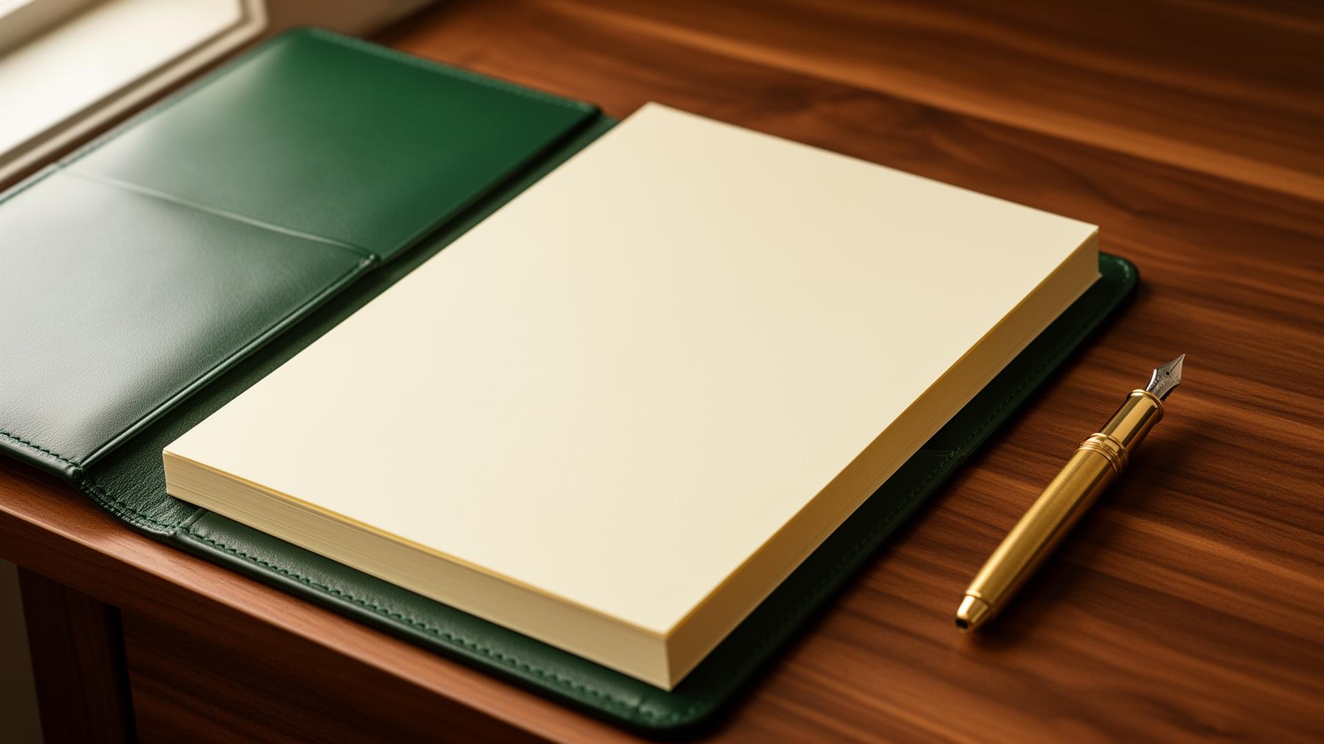 Open leather folio with cream legal paper and a brass fountain pen