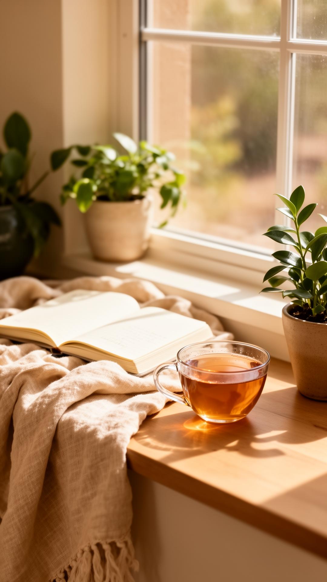 A peaceful sunlit window seat with a journal and tea