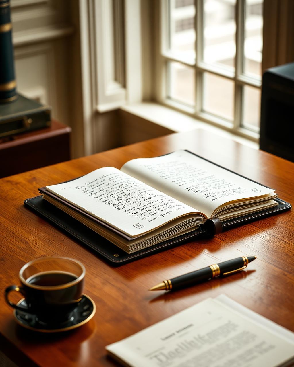 An attorney's leather portfolio with handwritten notes and a fountain pen on a warm wooden desk