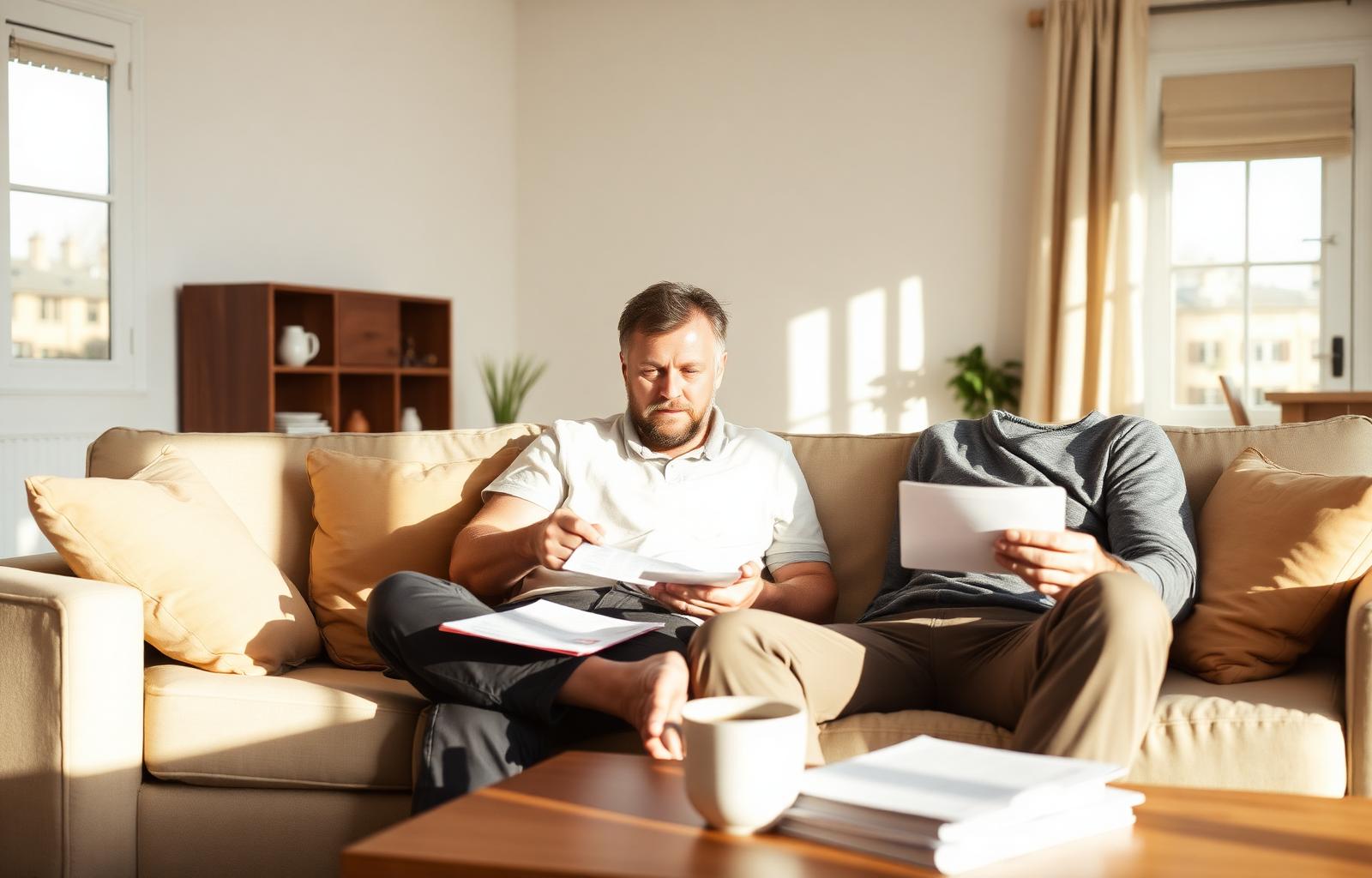 A daughter helping an older parent review documents in a sunlit living room
