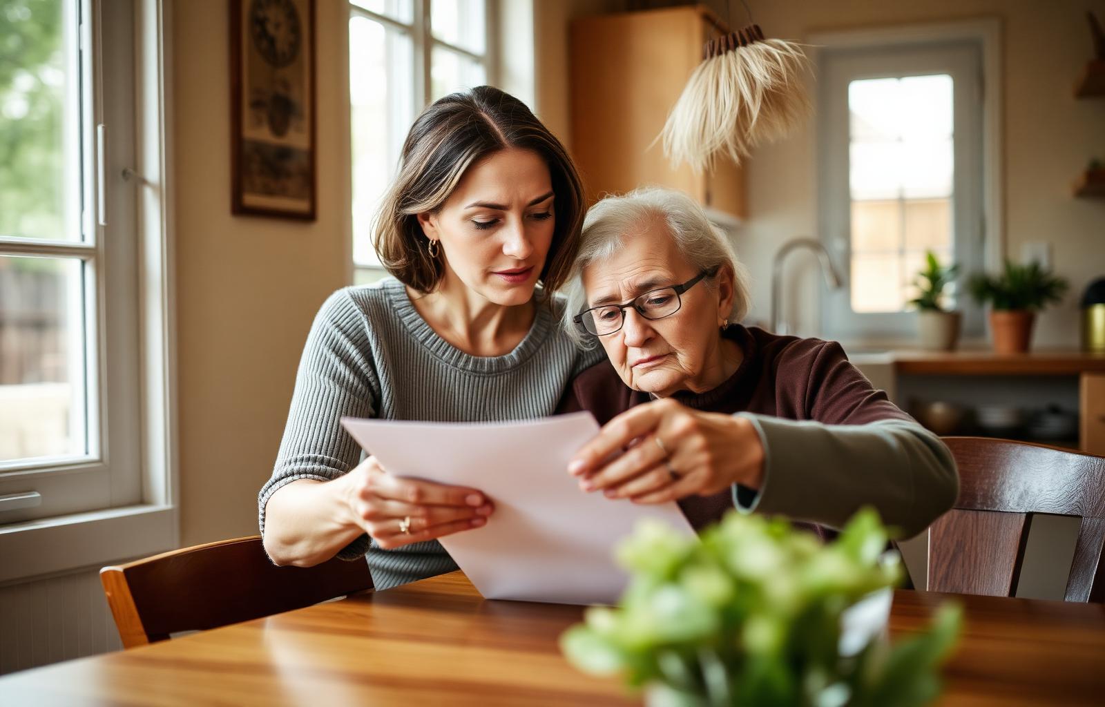 A daughter visiting with her elderly father at home