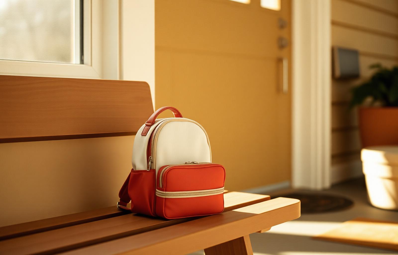 A child's backpack resting on a sunlit entryway bench, ready for school