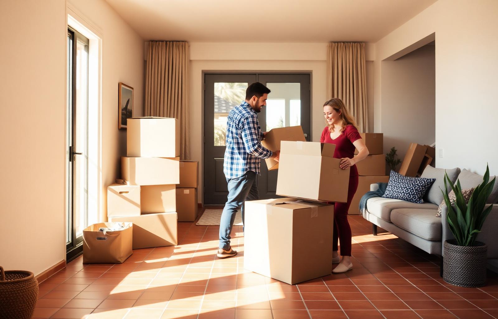 A young couple unpacking moving boxes in their new Phoenix home