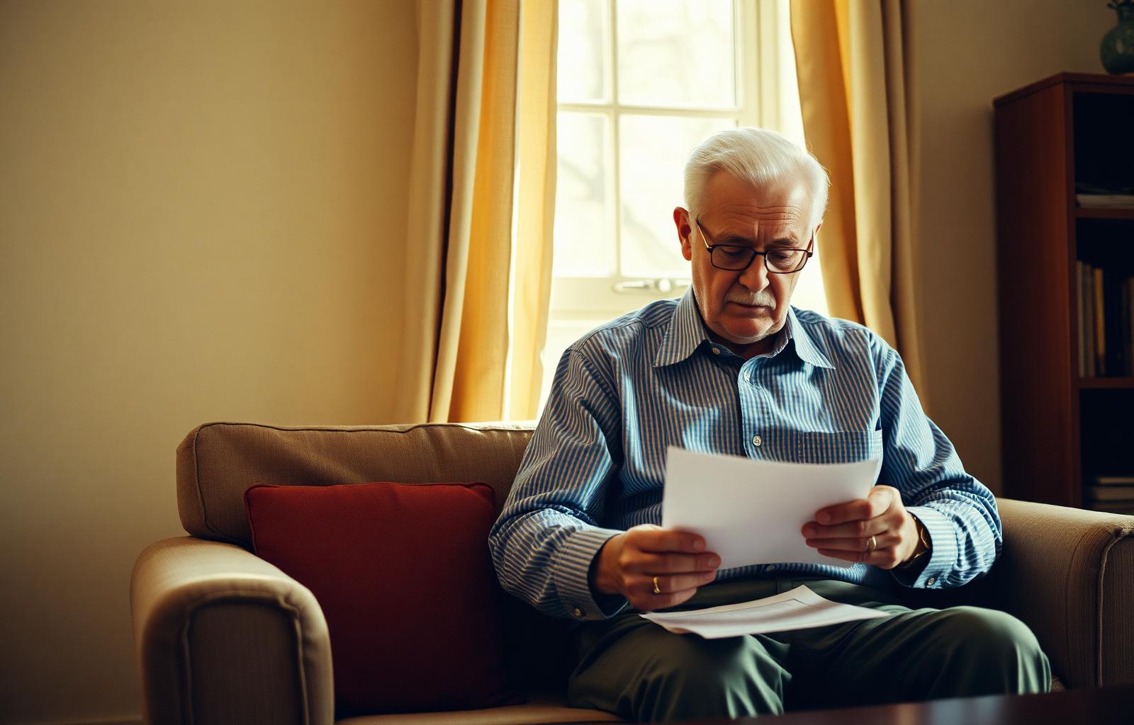 An older man reading a document by the window in a quiet sitting room