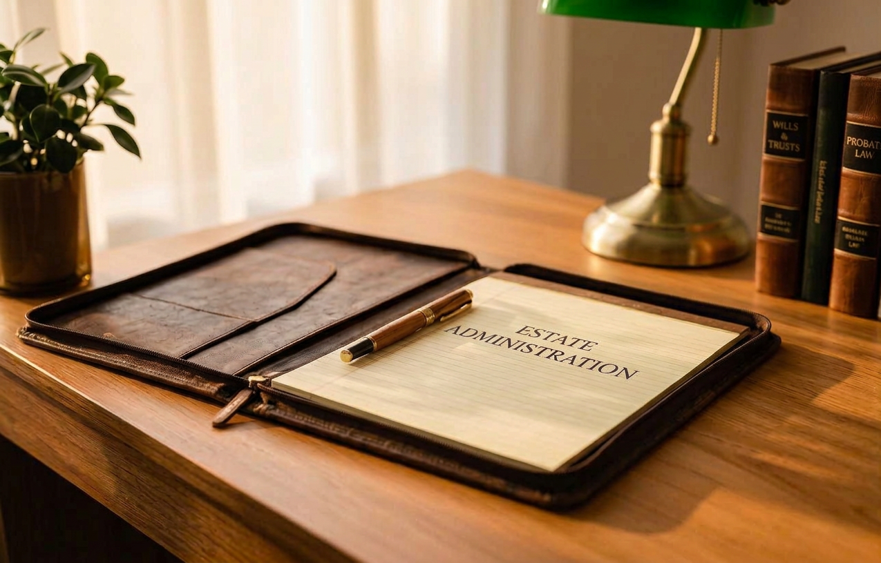 An open leather folio with a fountain pen and a banker's lamp on a warm wooden desk